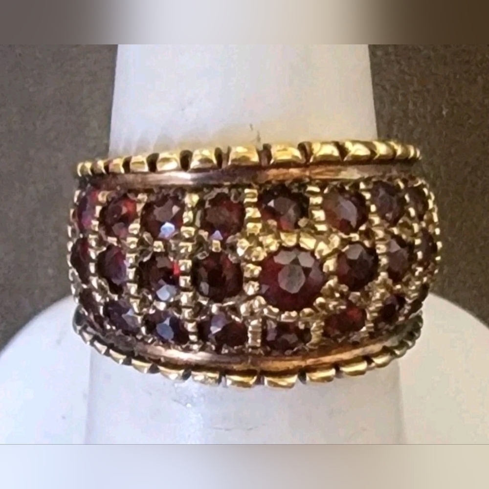 Wide Band 3 Row Garnet Ring Gold Plated Sterling Silver Ring Sz 6.5